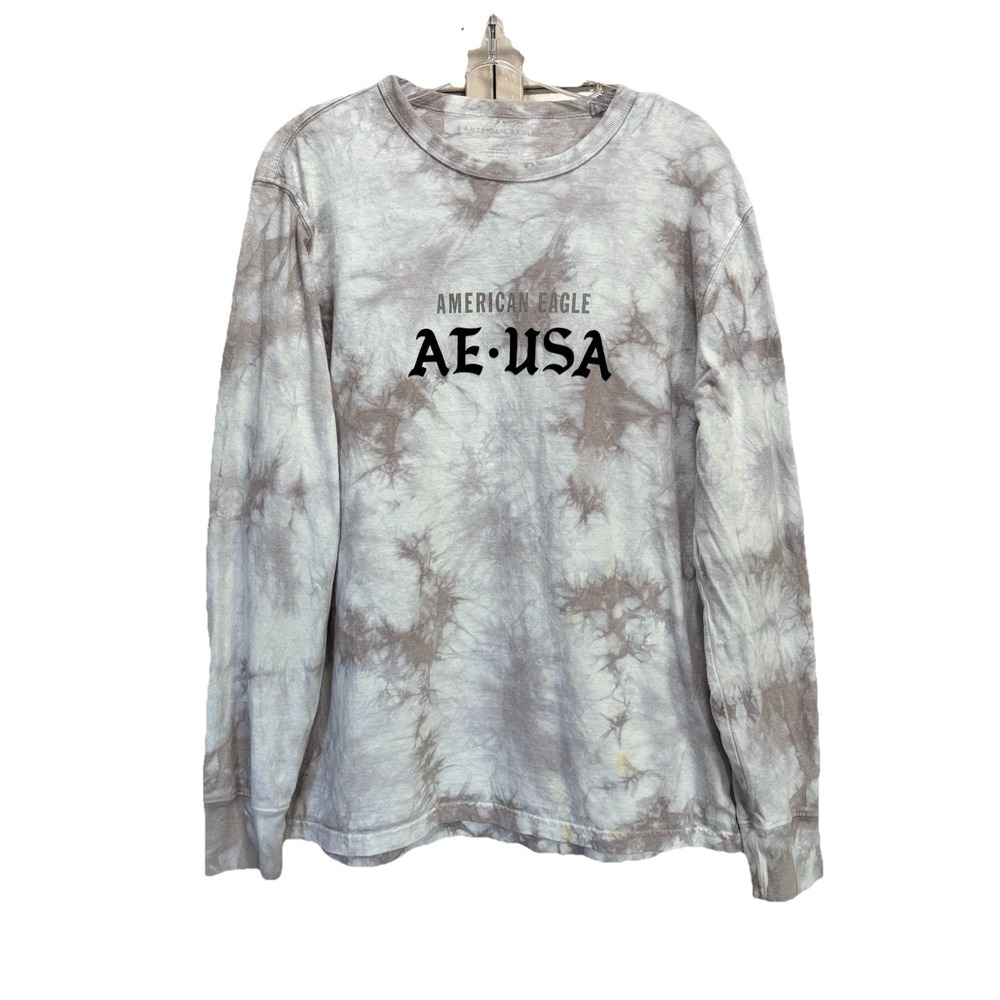 American Eagle Tie Dye Gray/White Graphic Logo Long Sleeve T-shirt Size Large